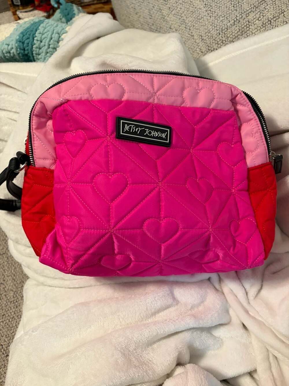 Betsey Johnson Pink Quilted Hearts Double Zipper Cosmetic Bag